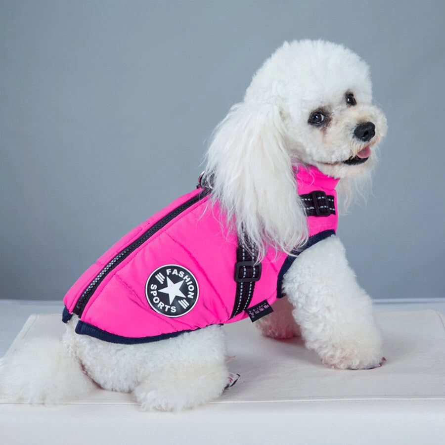 Dog Coat Waterproof With Harness Jacket Raincoat Winter Zip Coats Pet Hole Warm